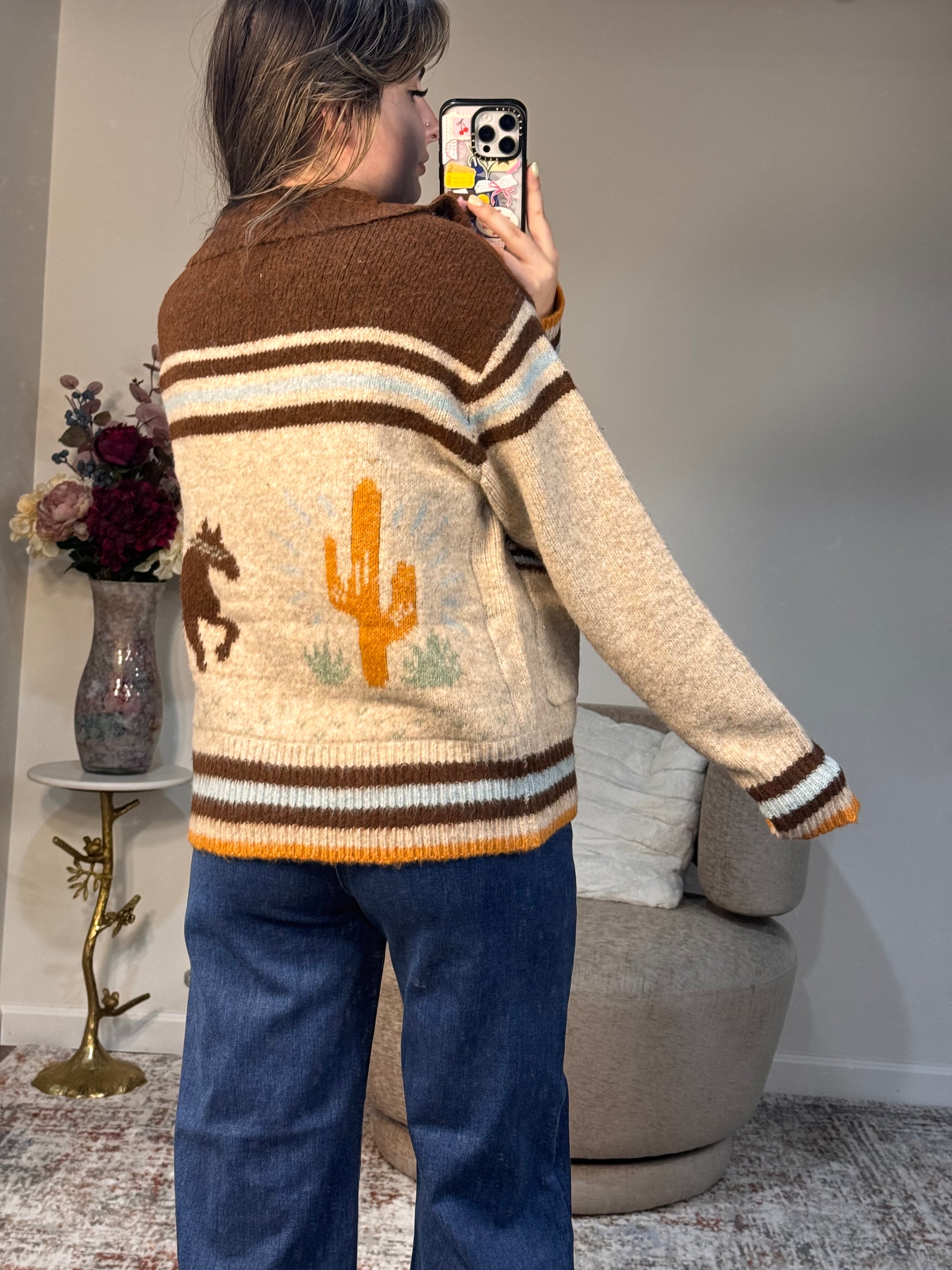 western graphic zipped cardigan chocolate fall fashion