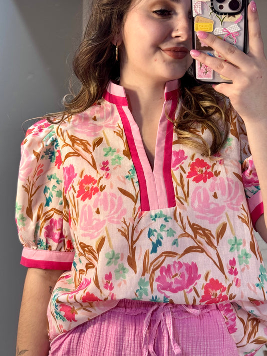 Pink Floral Puff Sleeve Contrast Trim Blouse