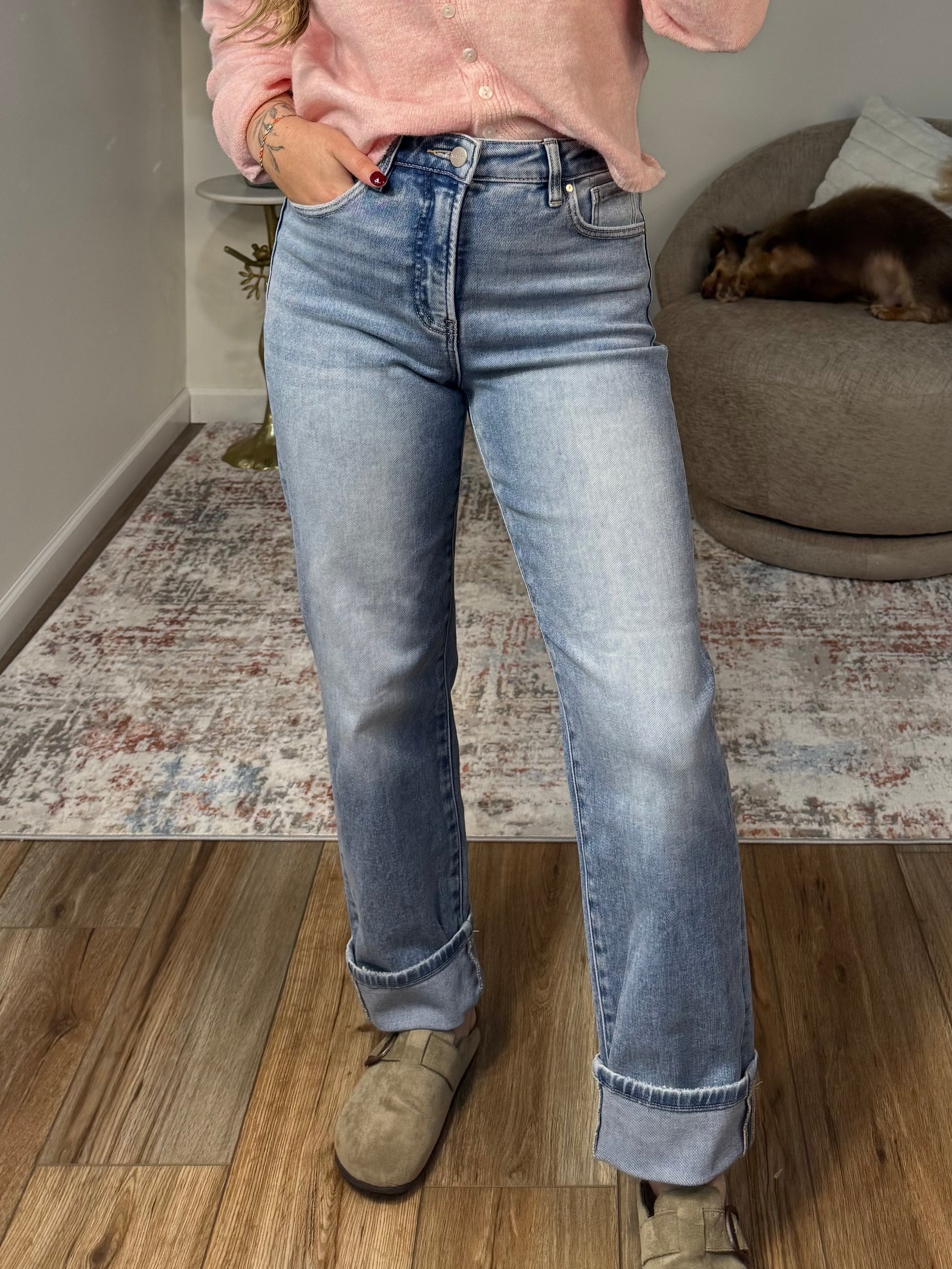 High Rise Straight Roll Up Jean With Tummy Control - Light Wash