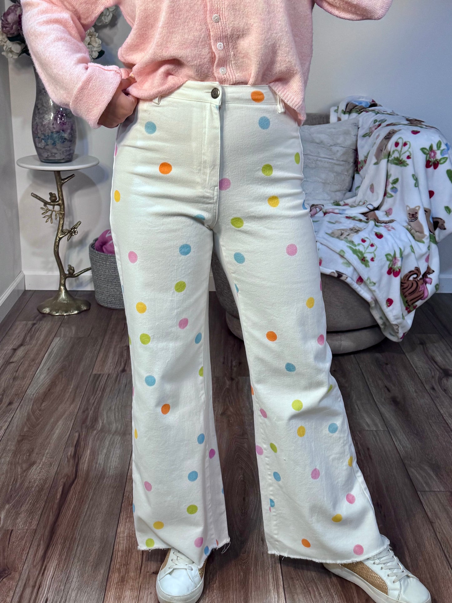 COMFORT STRETCH PASTEL POLKA DOT WIDE LEG JEANS