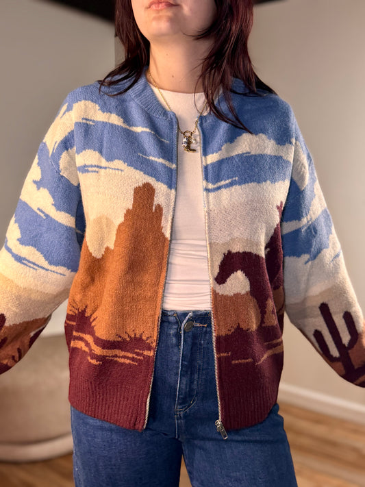 Sienna Desert Jacquard Bomber Sweater, Multi-Color