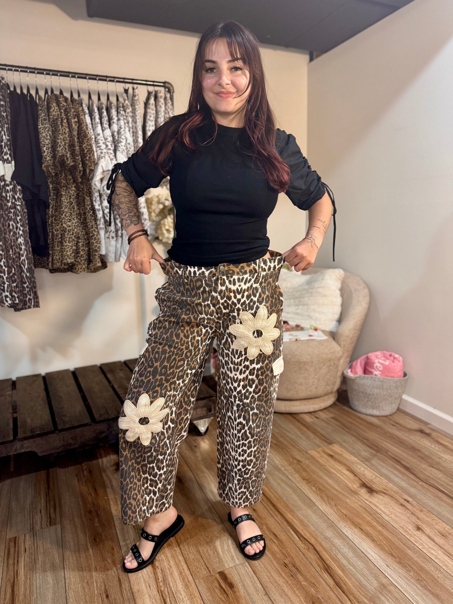Leopard Print Barrel Pants with Crochet Floral Patches