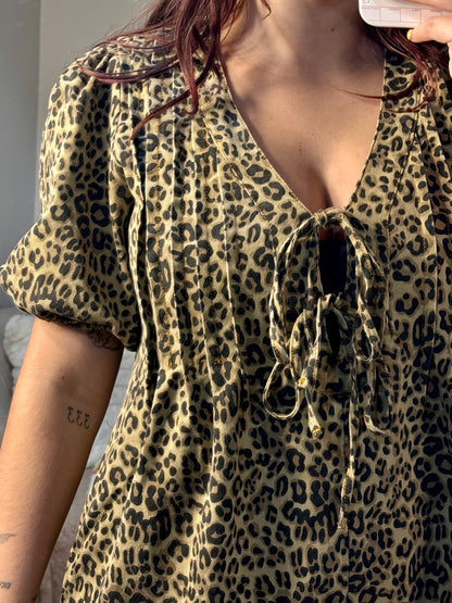 Leopard Print Denim Romper with Pleat and Tie