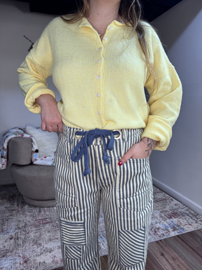 striped twill barrel leg utility pants navy and cream BiBi