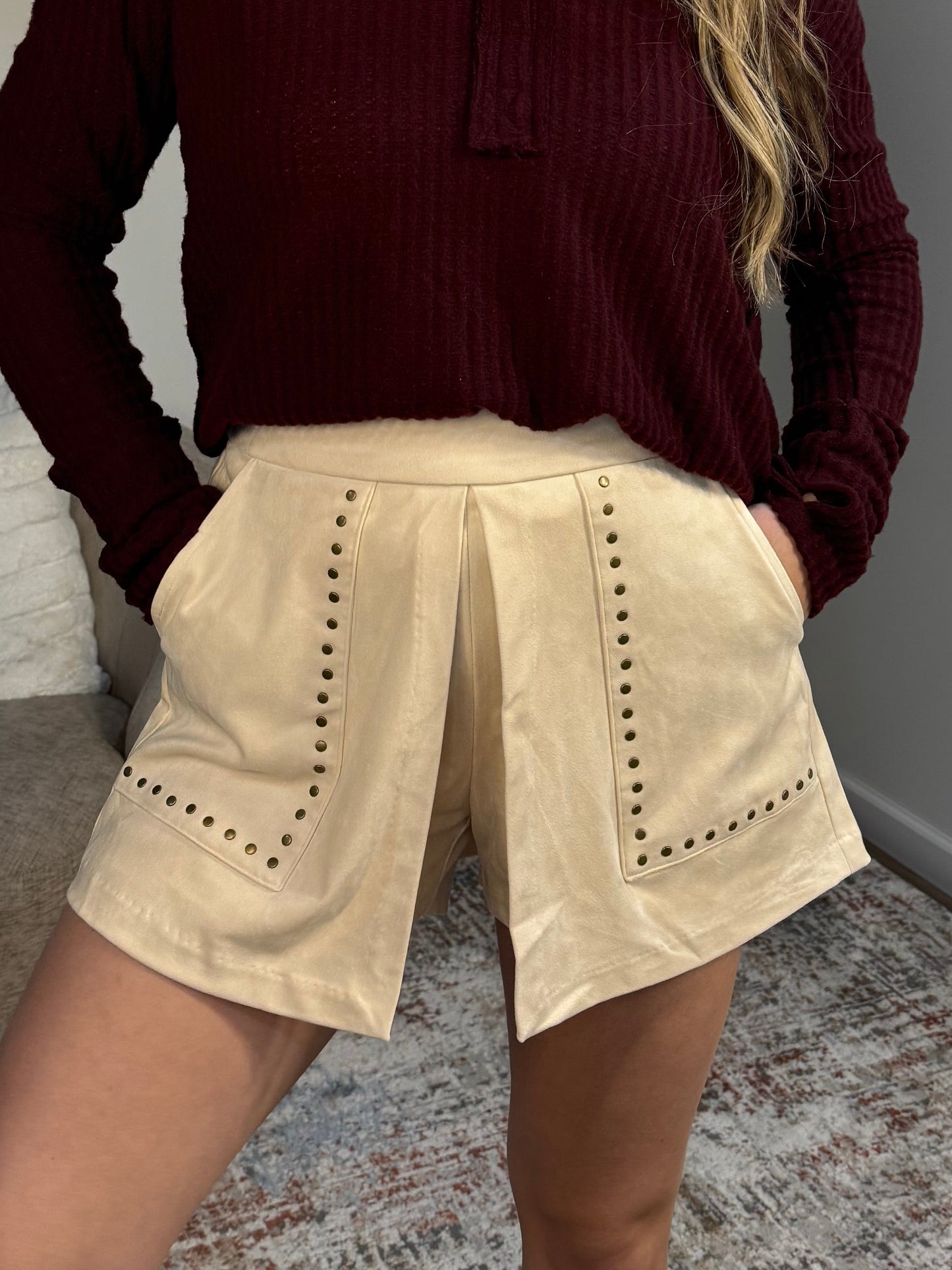 cream suede studded skort with pockets