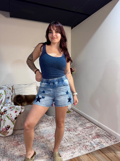 Slouchy denim shorts with star patch details and elastic drawstring waist
