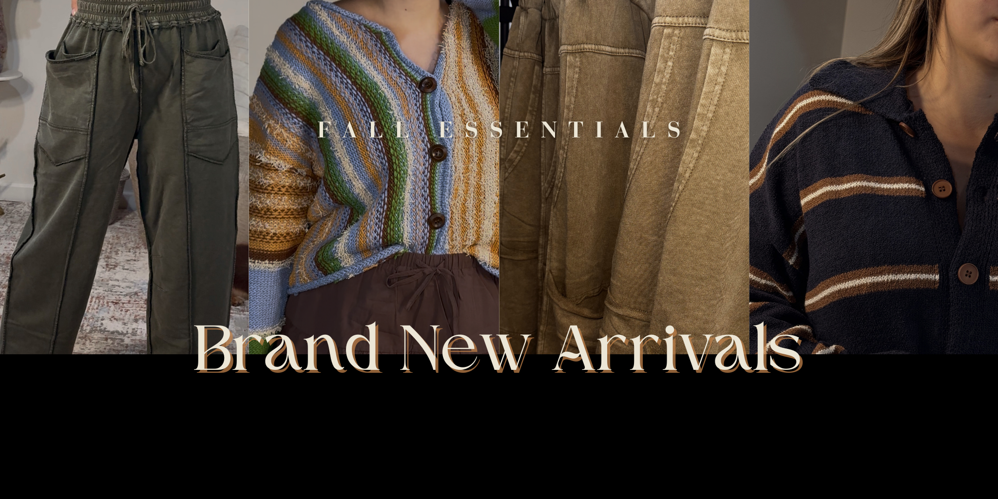 Collage of fall clothing with 'Brand New Arrivals' text