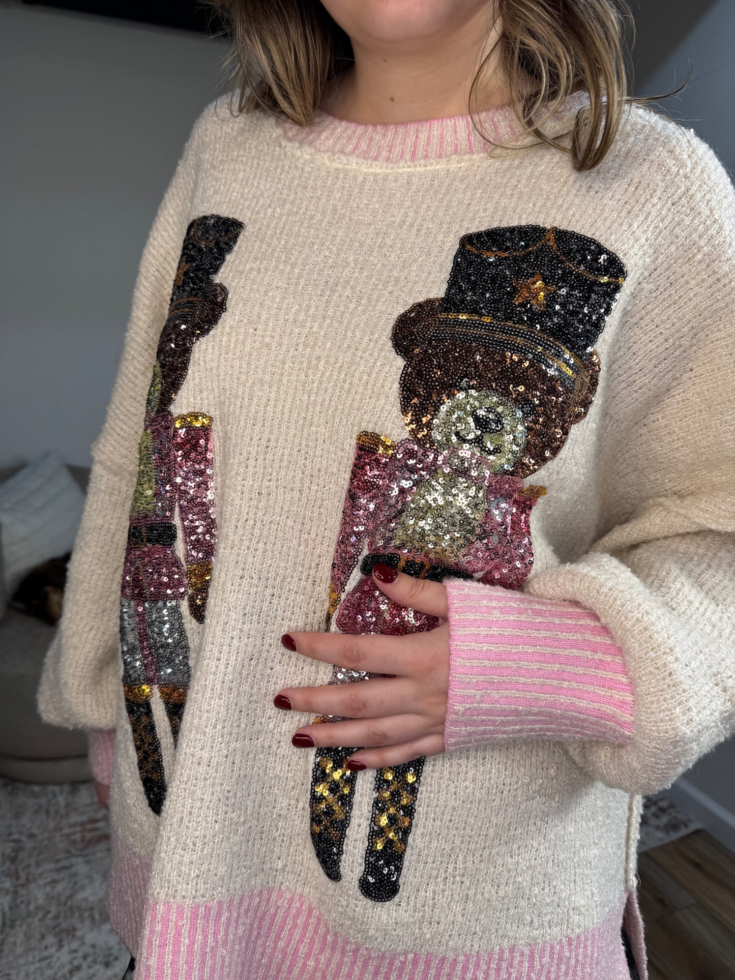 cream teddy bear sequin sweater pink slub knit christmas nutcracker