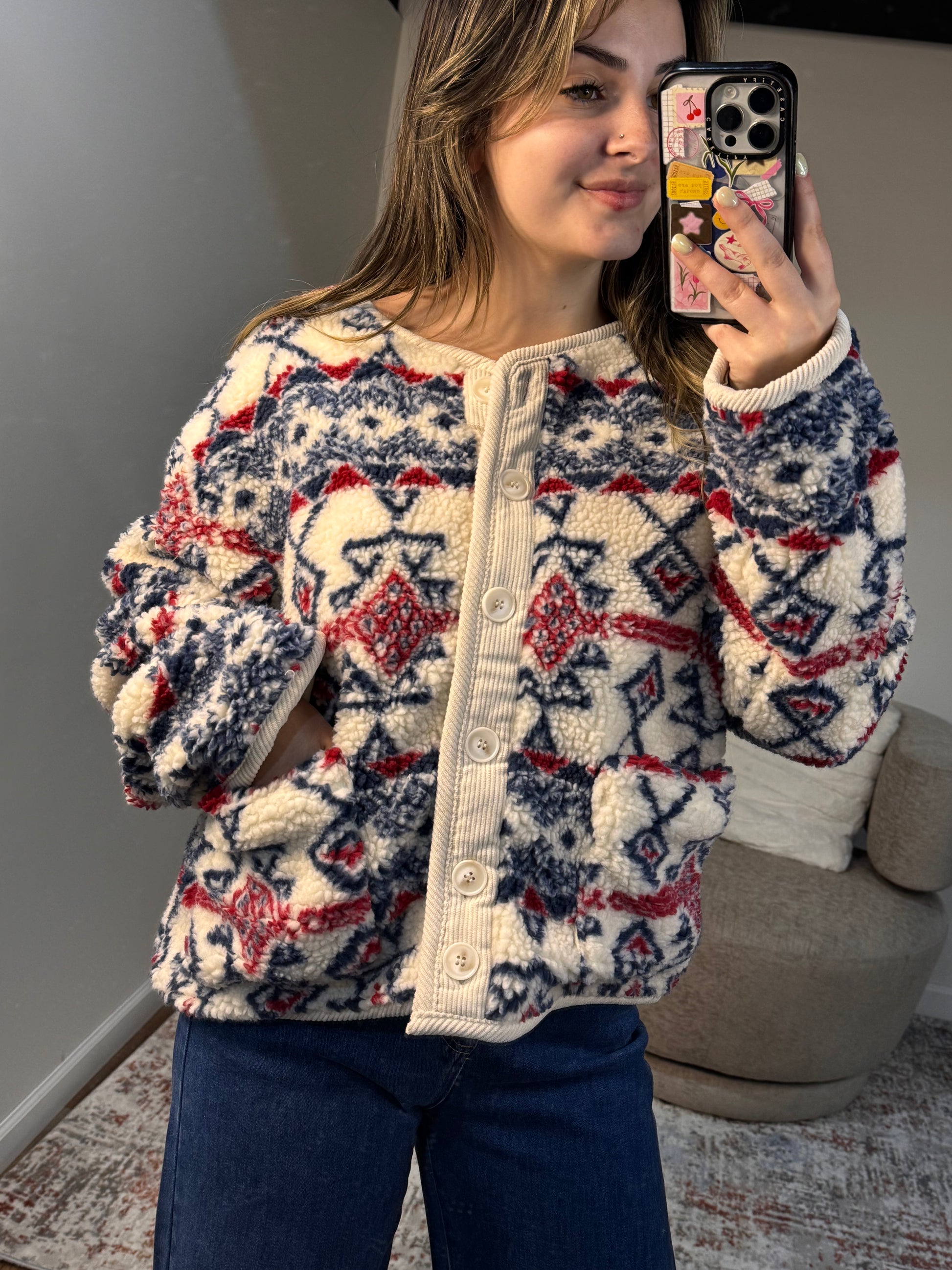 aztec tribal sherpa button up jacket nordic