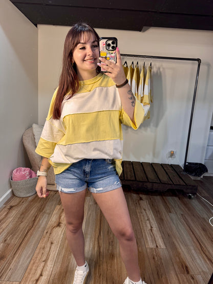 butter yellow and white striped slouchy boxy tee