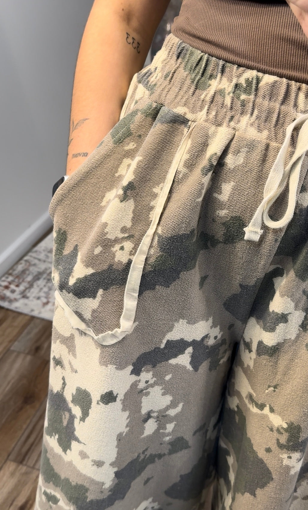 Kasey Camo Print Washed Terry Knit Pants