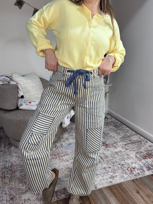 striped twill barrel leg utility pants navy and cream BiBi