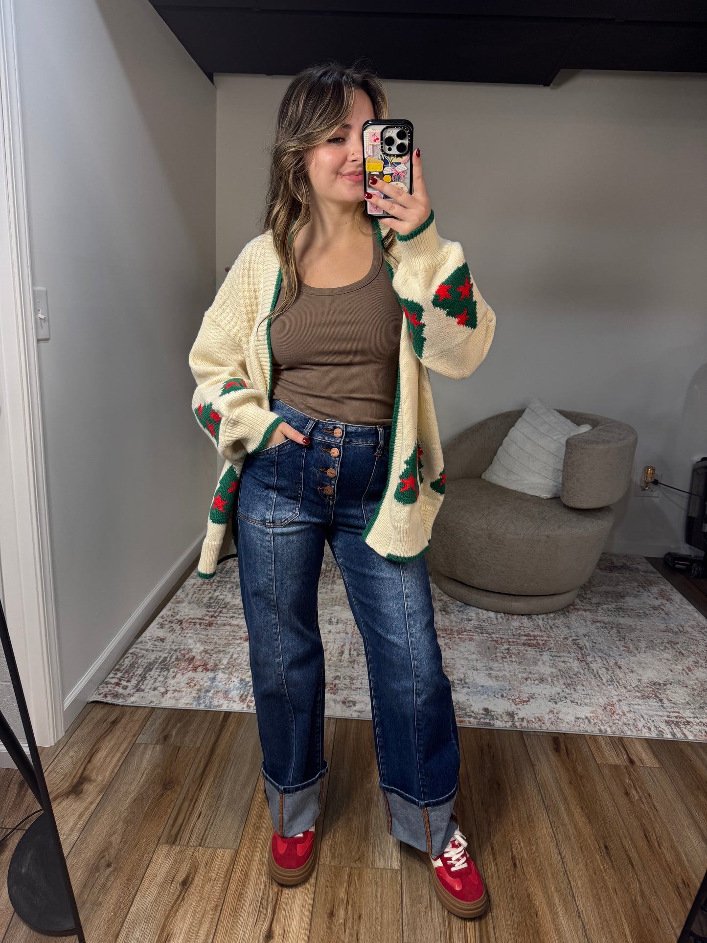 cream christmas tree cardigan mocha mousse tank cuff jeans 