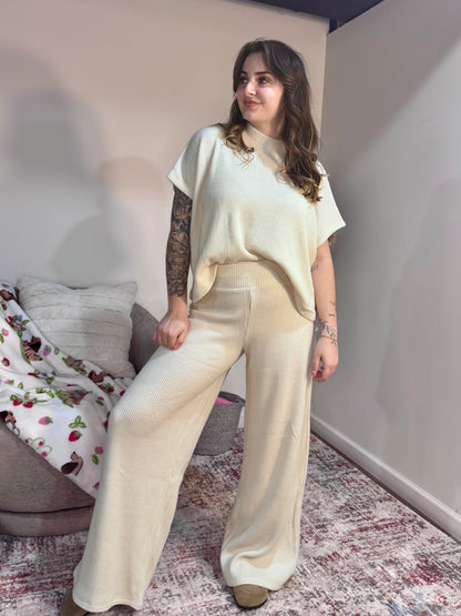 Matching Knit Cream wide leg Lounge Set 