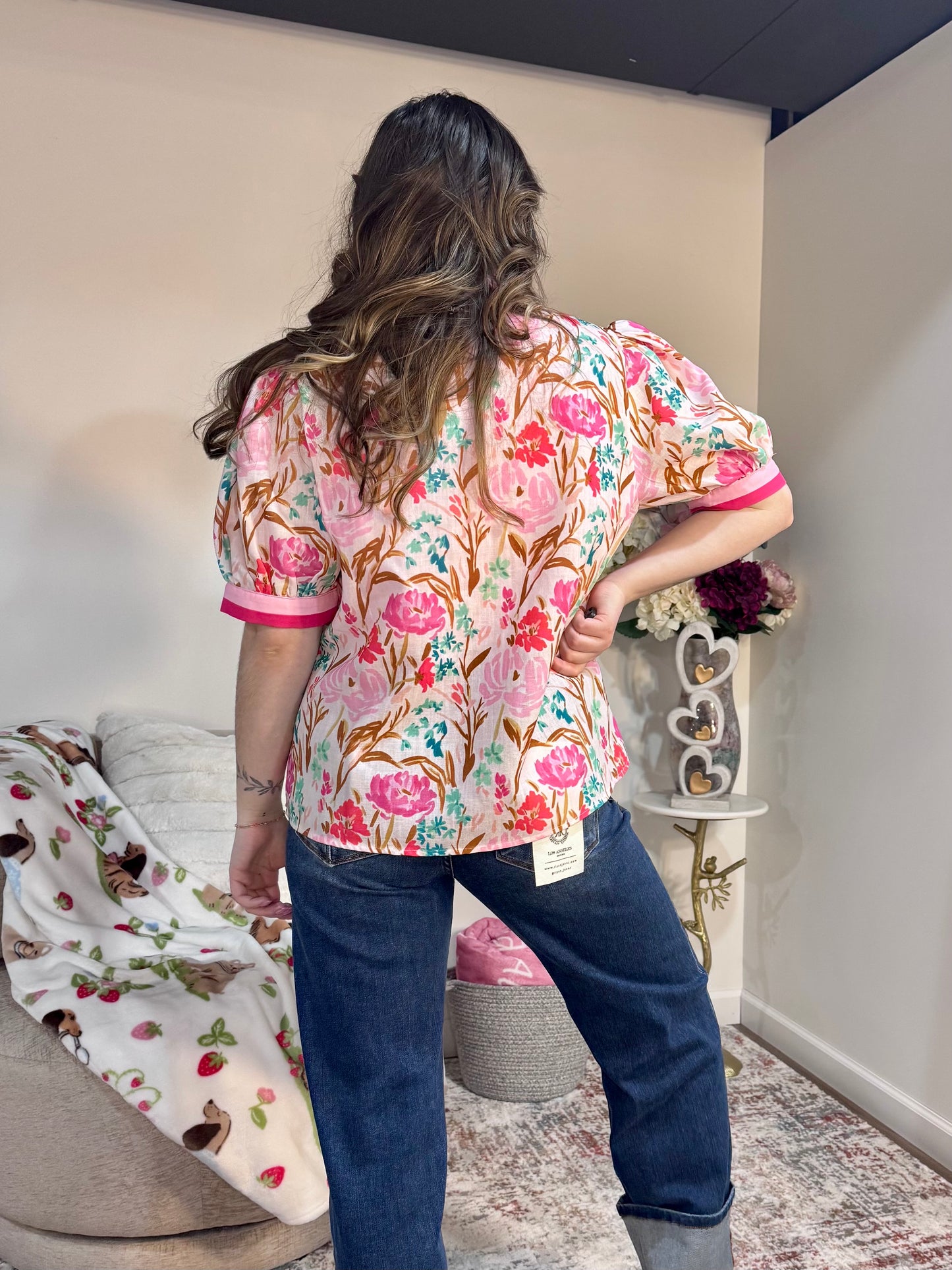 Pink Floral Puff Sleeve Contrast Trim Blouse