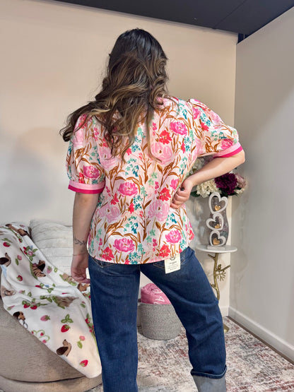 Pink Floral Puff Sleeve Contrast Trim Blouse
