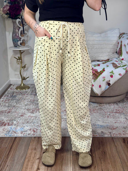 cream and black polka dot tie waist linen barrel spring womens' pants