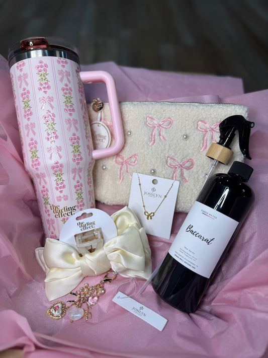 Coquette bow lover gift set, tumbler, baccarat room spray, bag charm