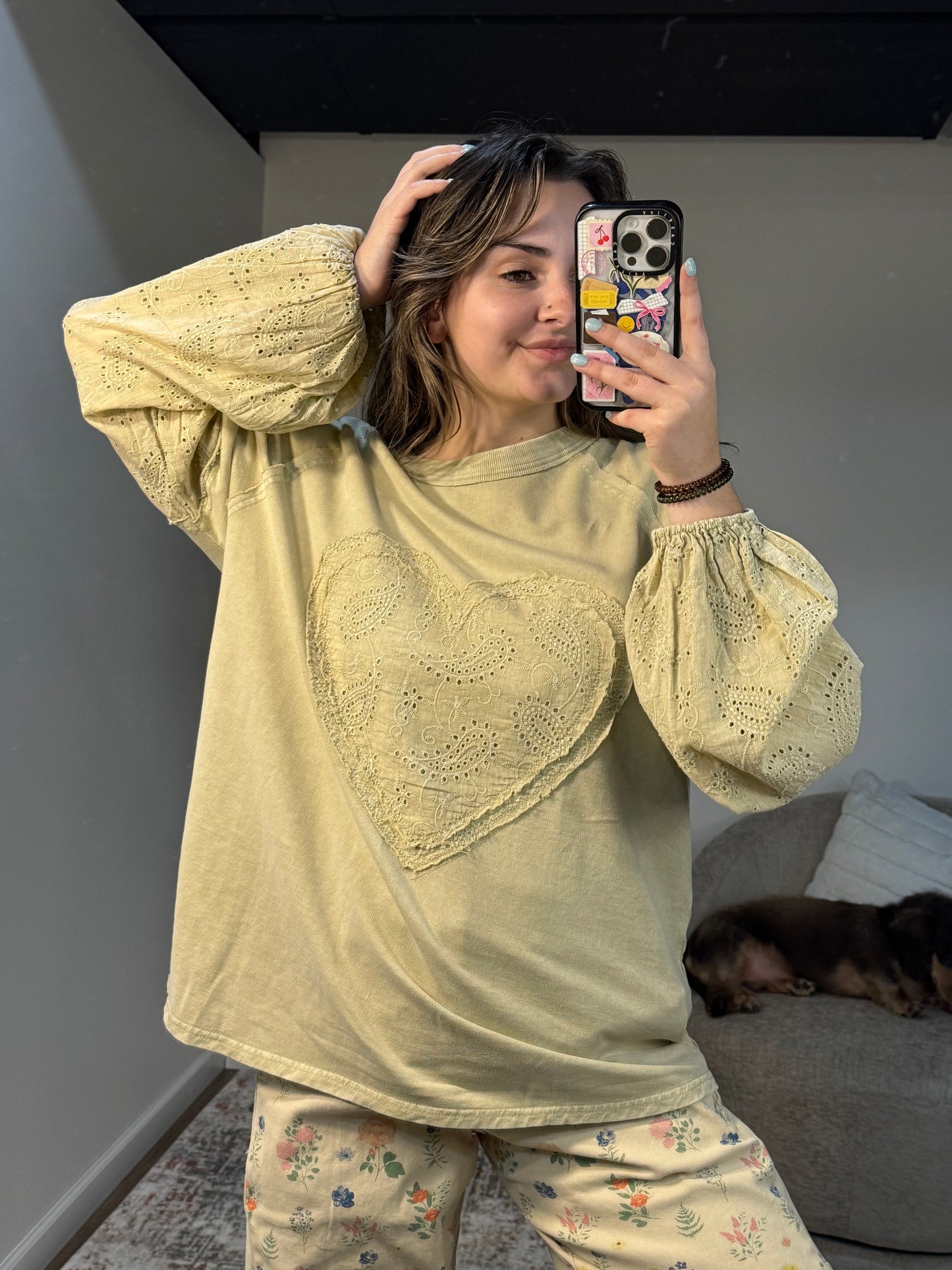 Lacie Eyelet Sleeve Heart Patch Top