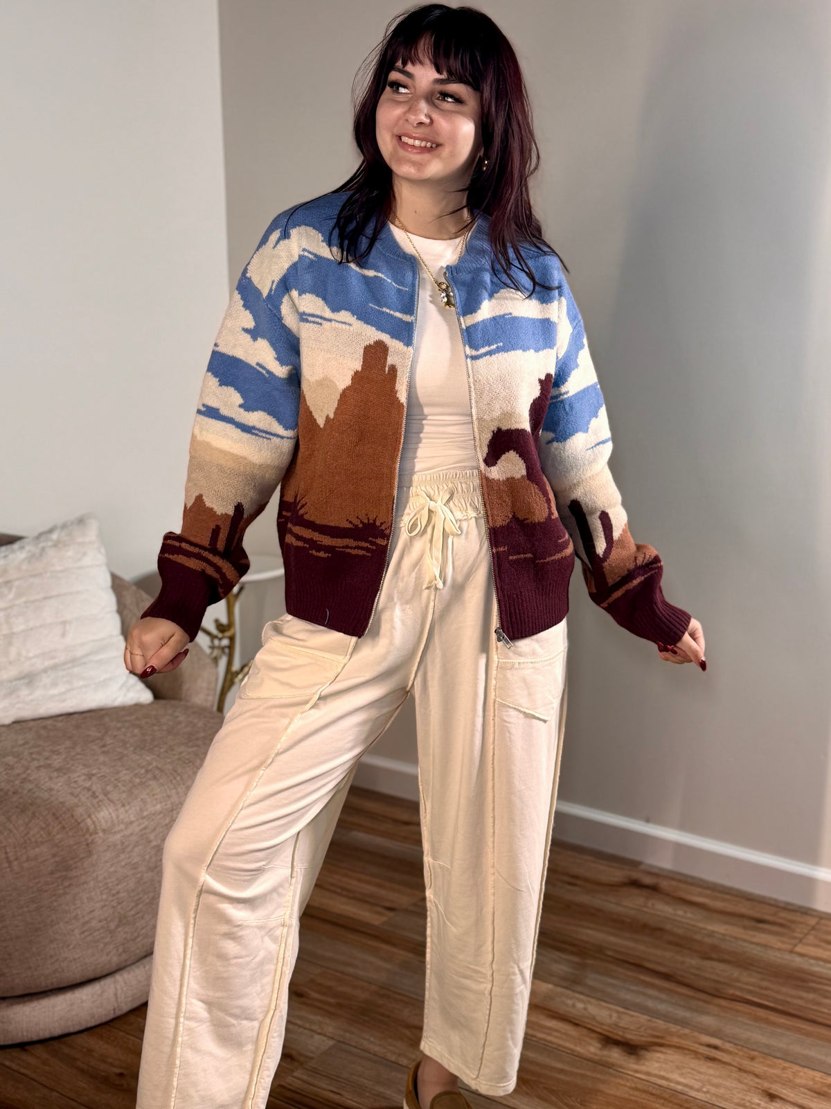 Sienna Desert Jacquard Bomber Sweater, Multi-Color