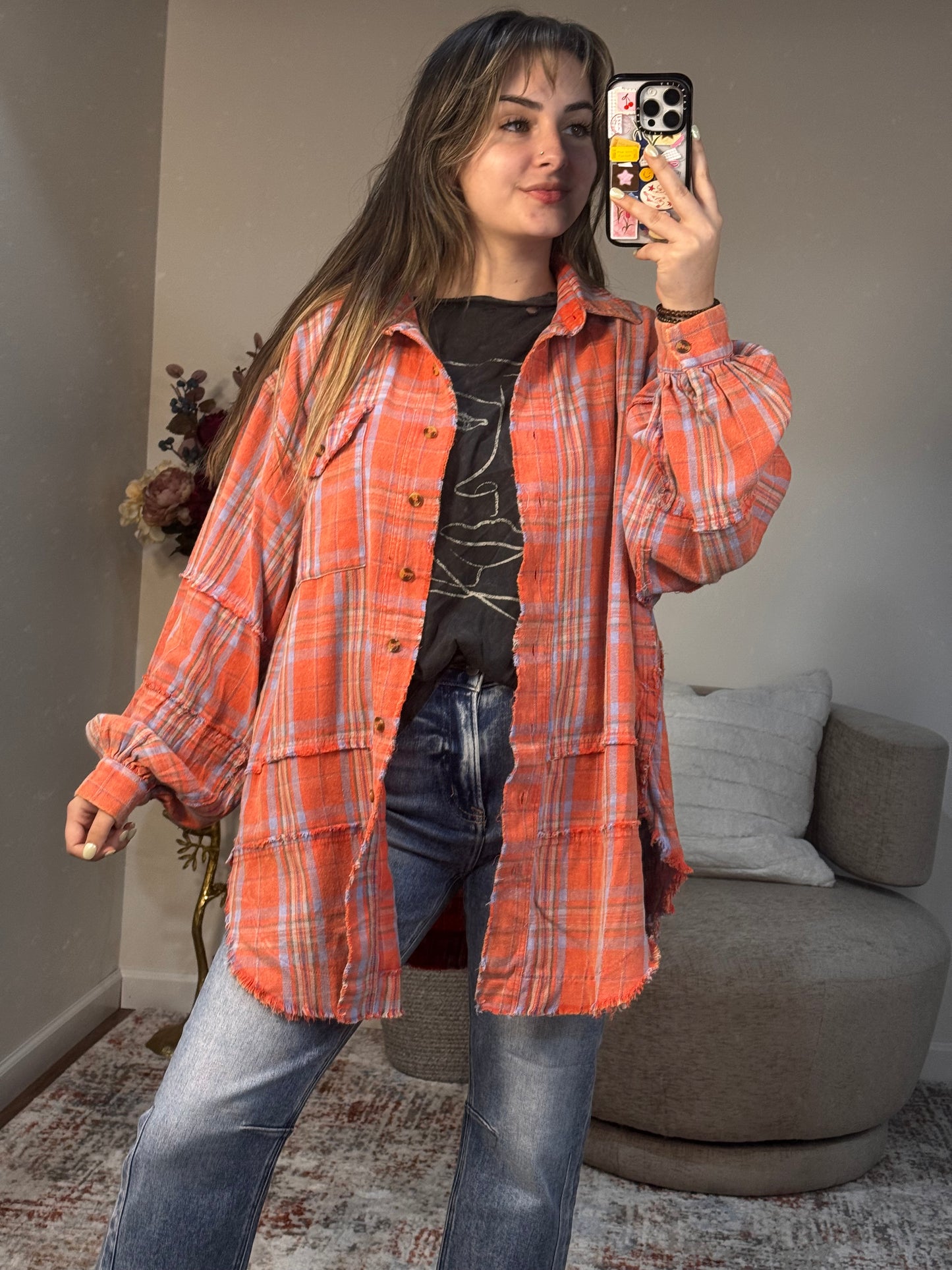 trendy oversized orange coral flannel fall