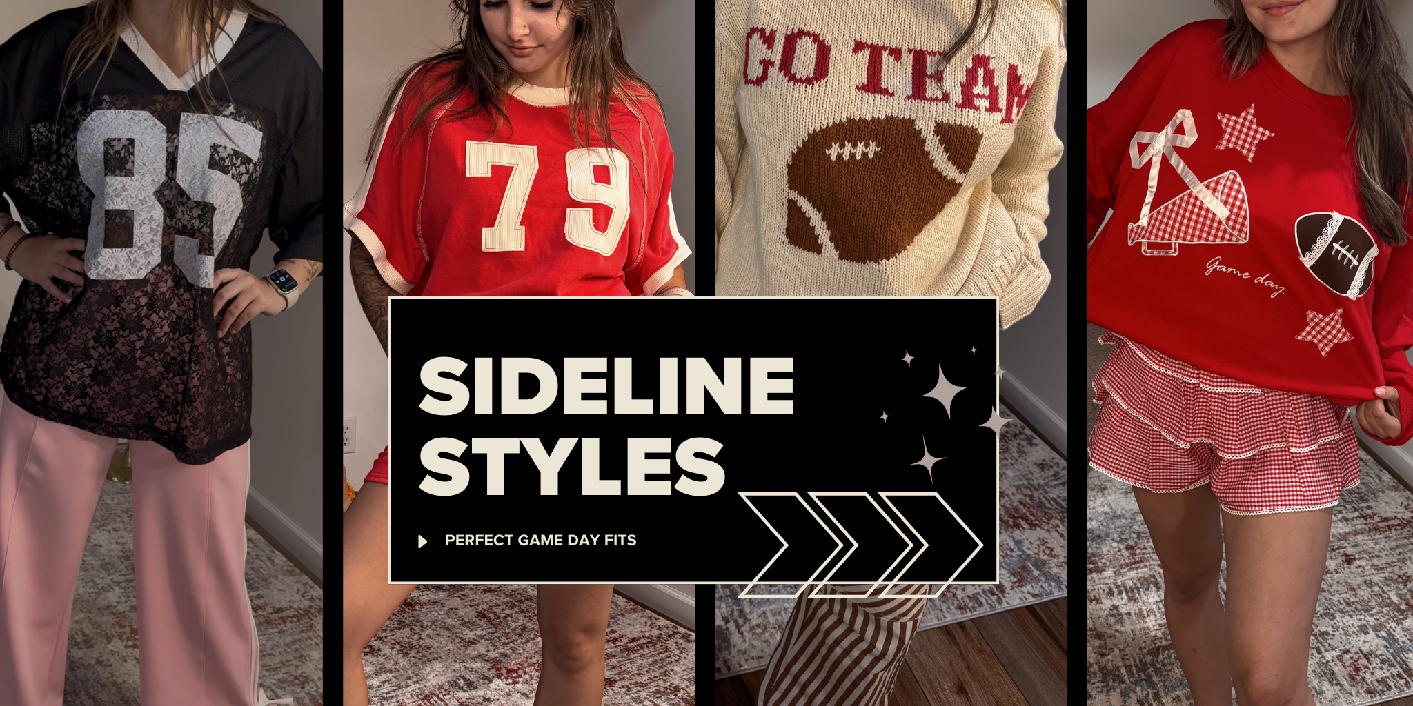 Collection of sports-themed clothing with 'Sideline Styles' text overlay.