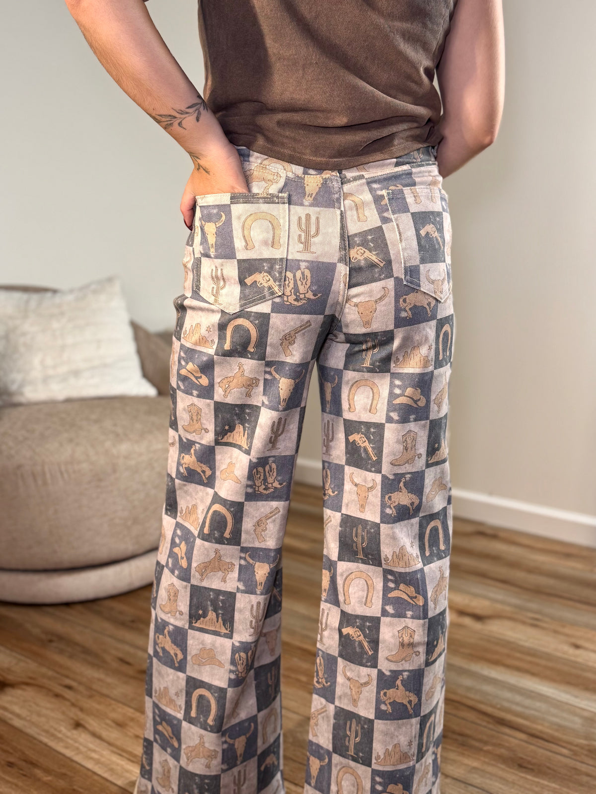 Wilder Checkerboard Wide Leg Denim Pants, Charcoal