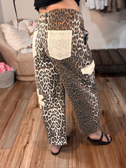 Leopard Print Barrel Pants with Crochet Floral Patches