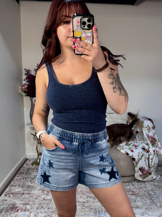 Slouchy denim shorts with star patch details and elastic drawstring waist