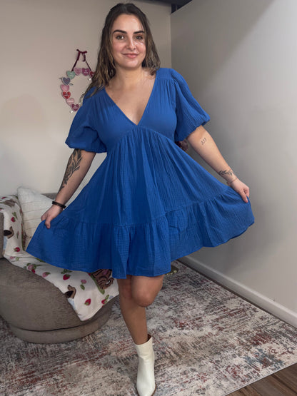 v neck puff sleeve tiered blue dress