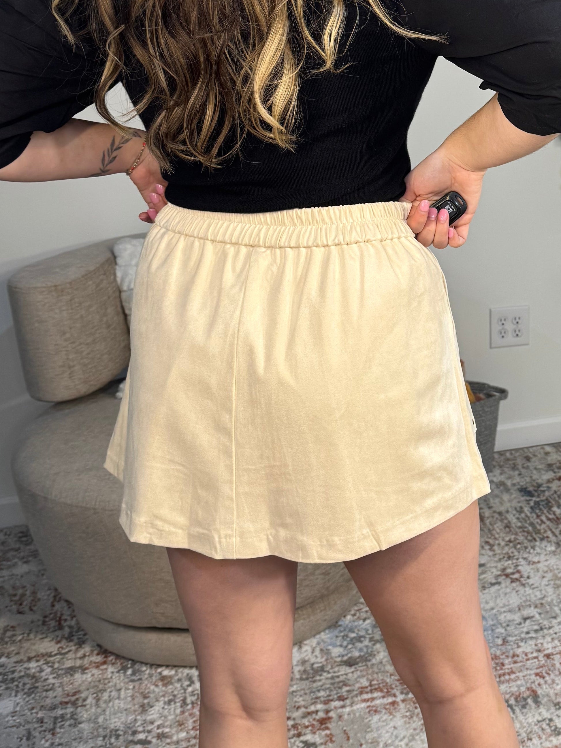 cream suede studded skort with pockets