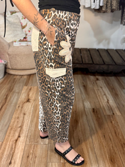 Leopard Print Barrel Pants with Crochet Floral Patches