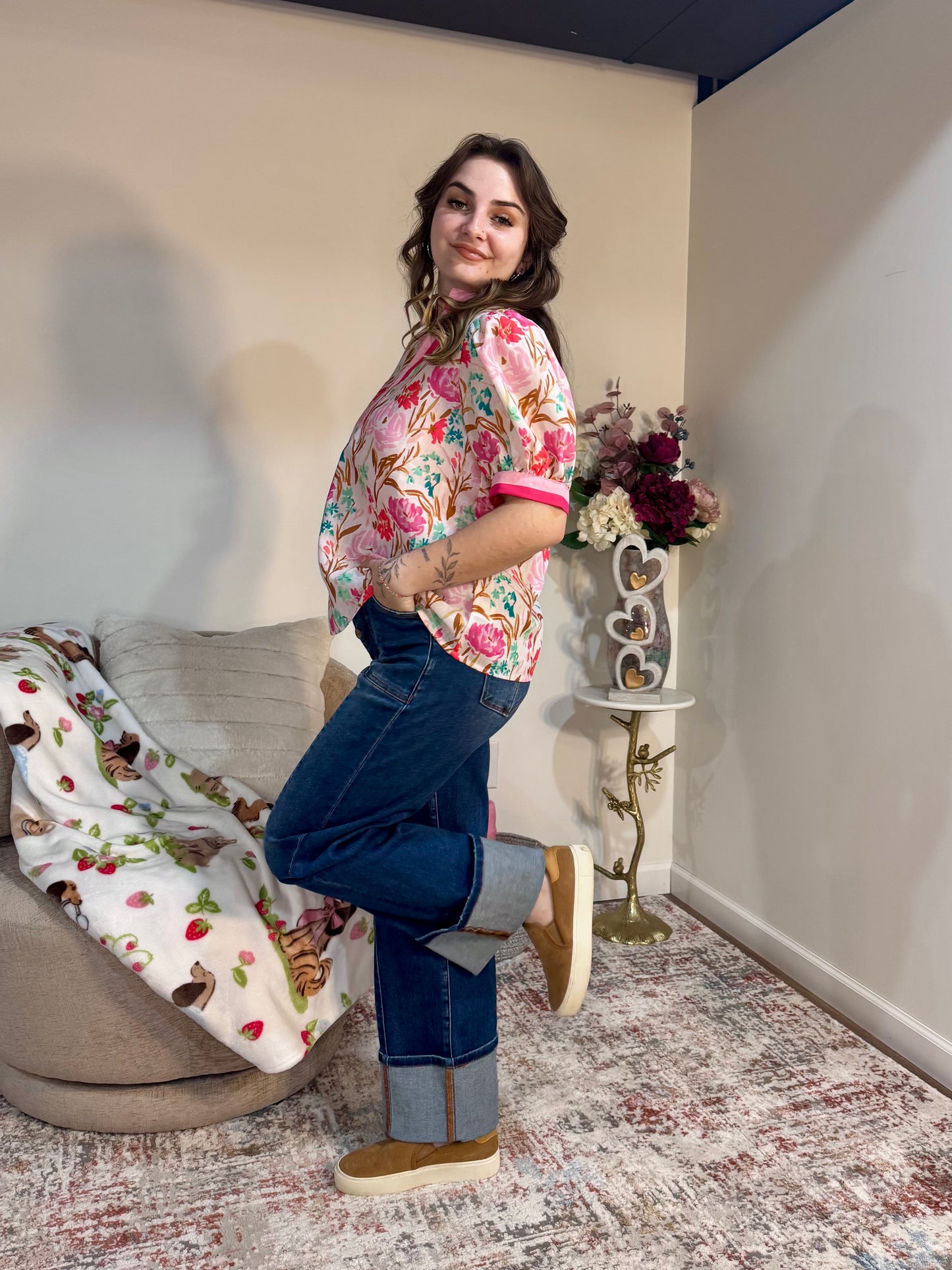 Pink Floral Puff Sleeve Contrast Trim Blouse