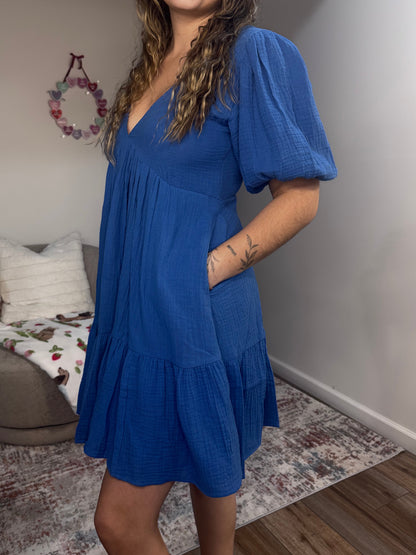 v neck puff sleeve tiered blue dress