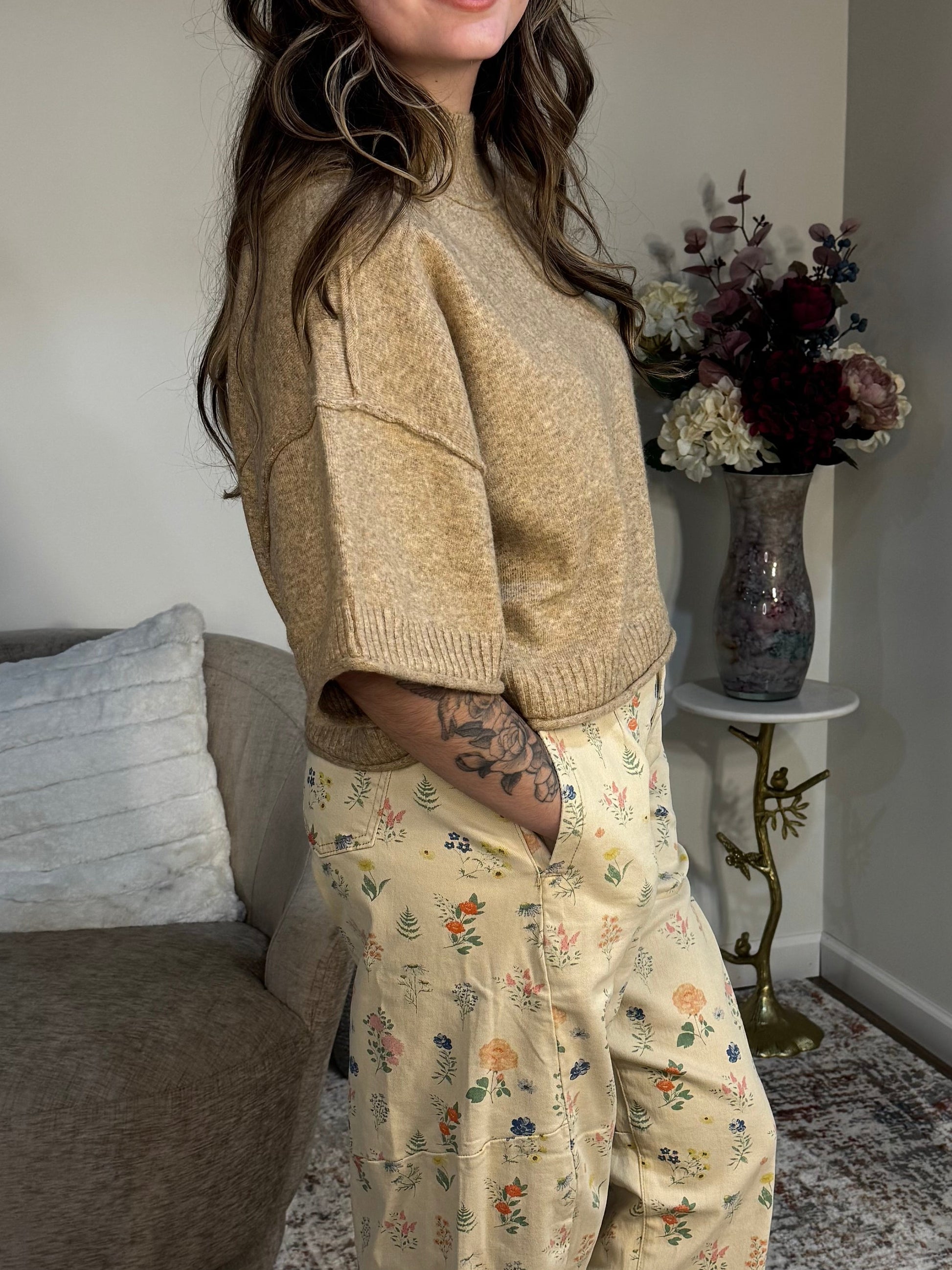  Mock Neck Short Sleeve Cropped Sweater Top mocha mousse