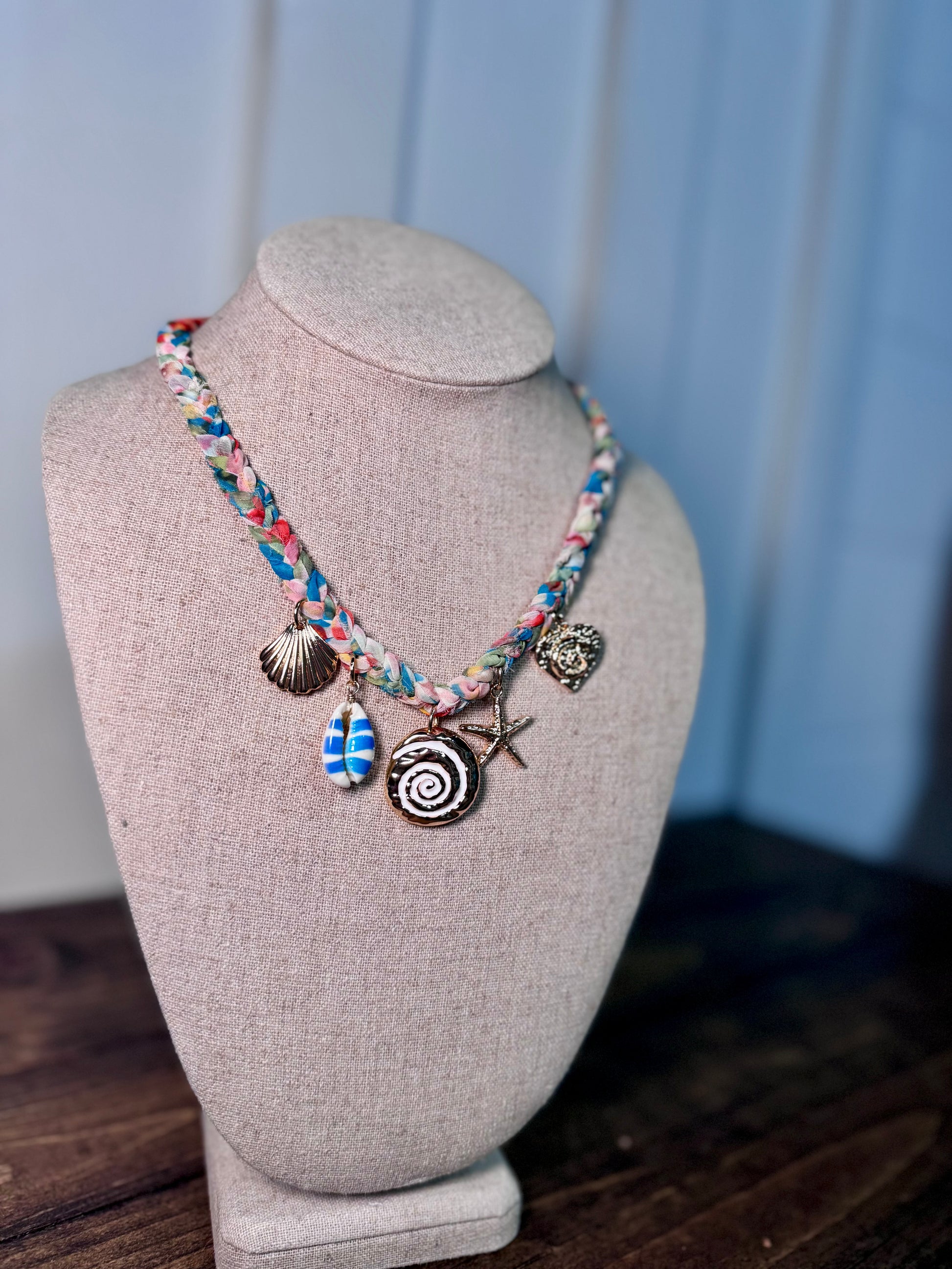  boho scarf necklace, beach charm necklace, coastal jewelry, summer statement necklaces, charm layering necklaces, and vacation accessories