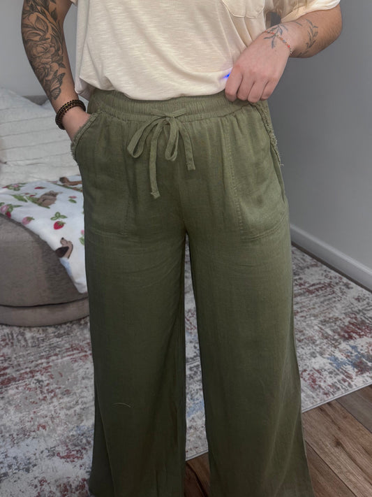 olive green linen blend summer pants