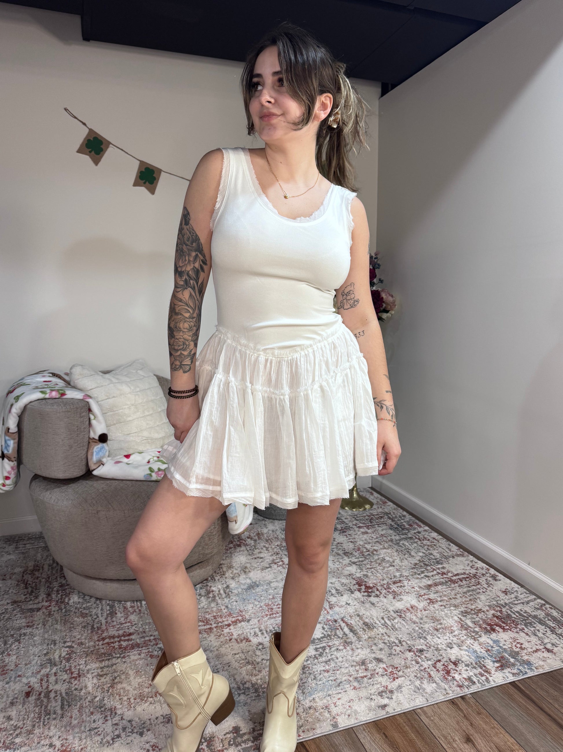 white casual graduation bridal mini dress drop waist concert outfit