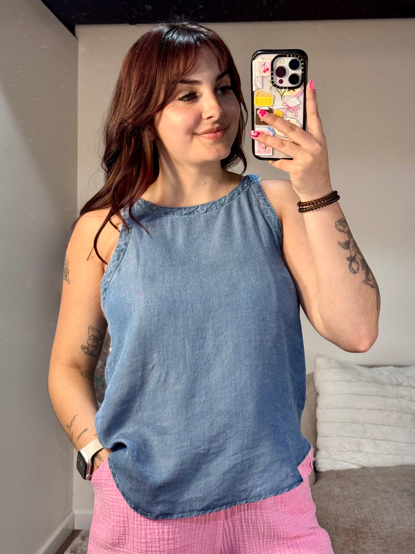 Amber Mineral Wash Denim Tank with Back Ties