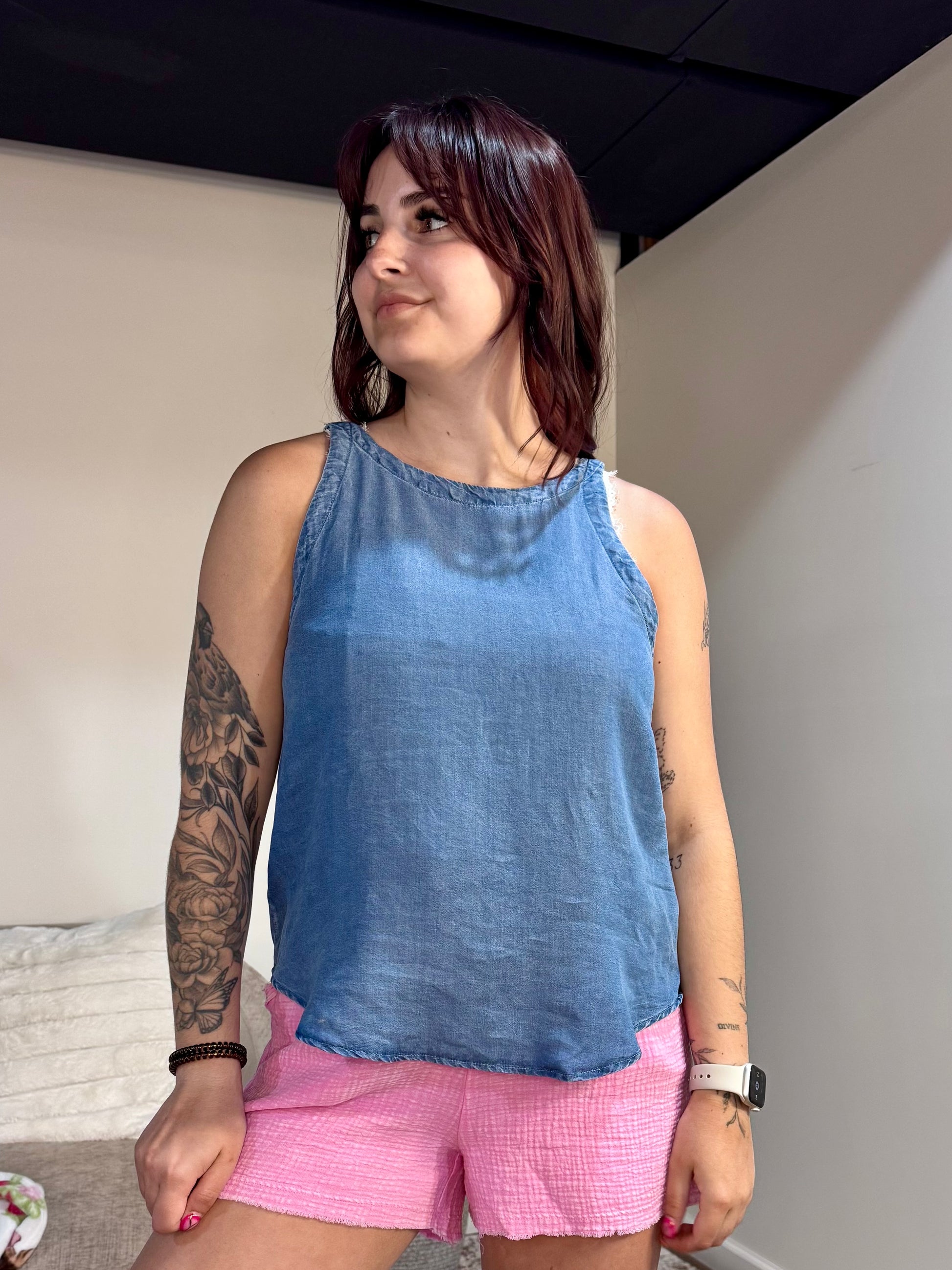 Amber Mineral Wash Denim Tank with Back Ties