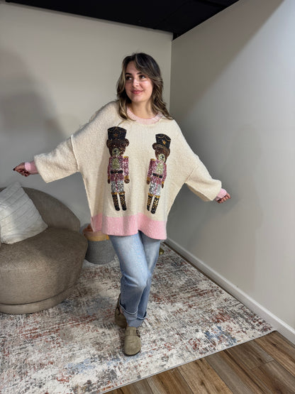 Vicki Sequin Teddy Bear Nutcrackers Two Tone Sweater