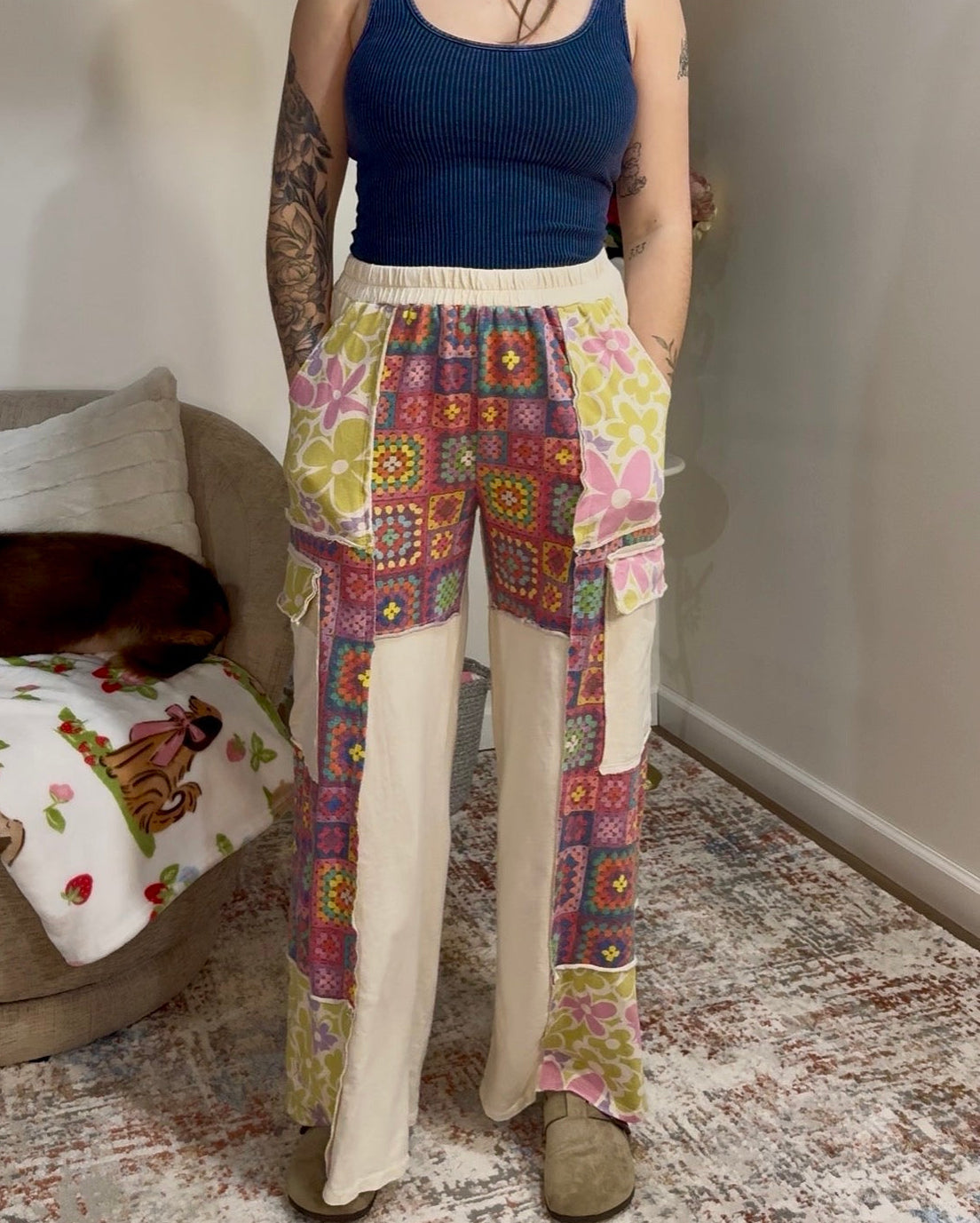 Boho Crochet Floral Patchwork Sweatpants
