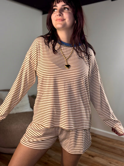 Karsyn Loose Fit Striped Dolman Sleeve Set, Beige