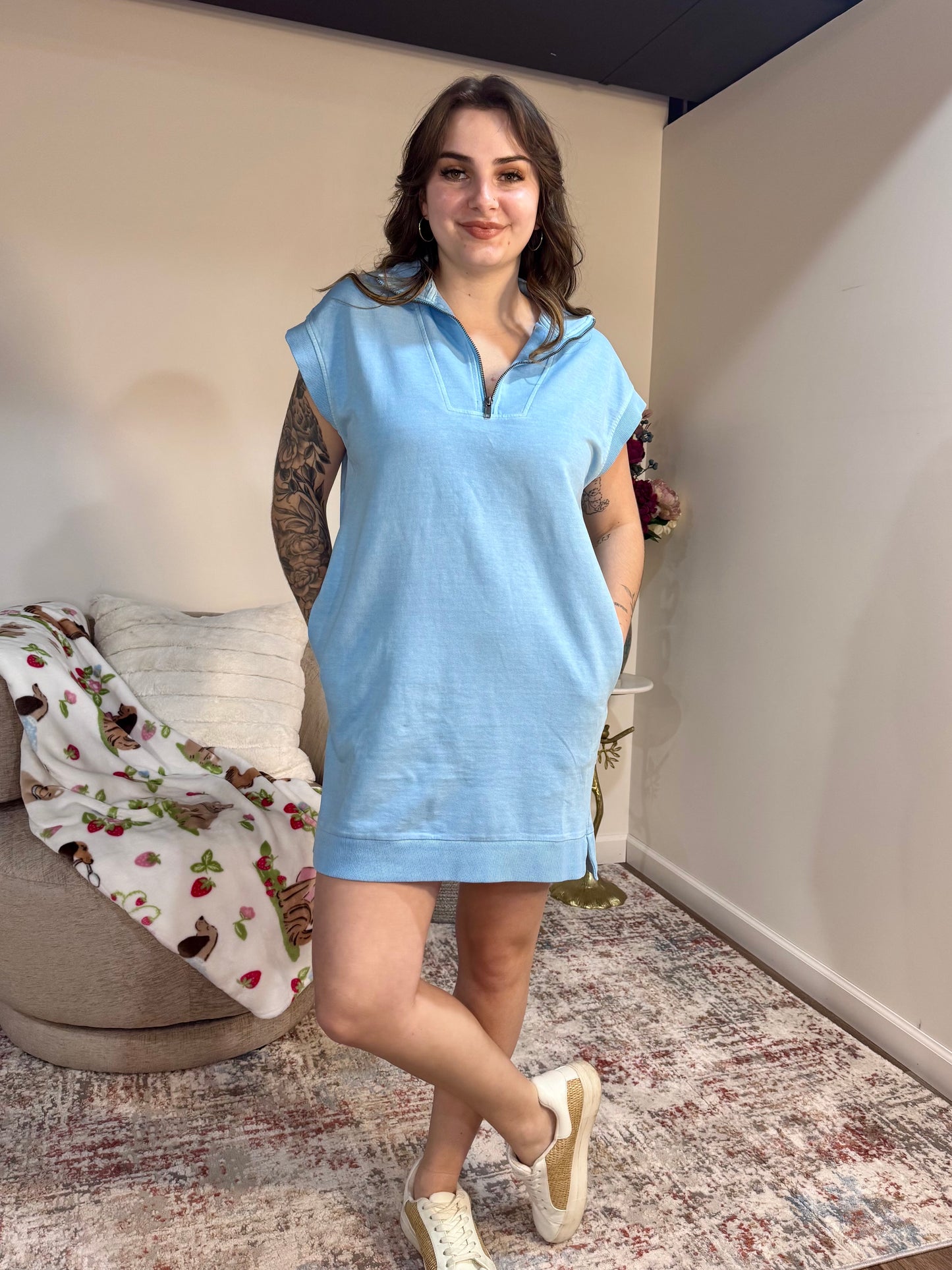Half Zip Blue Terry Mini Sporty Dress with Pockets