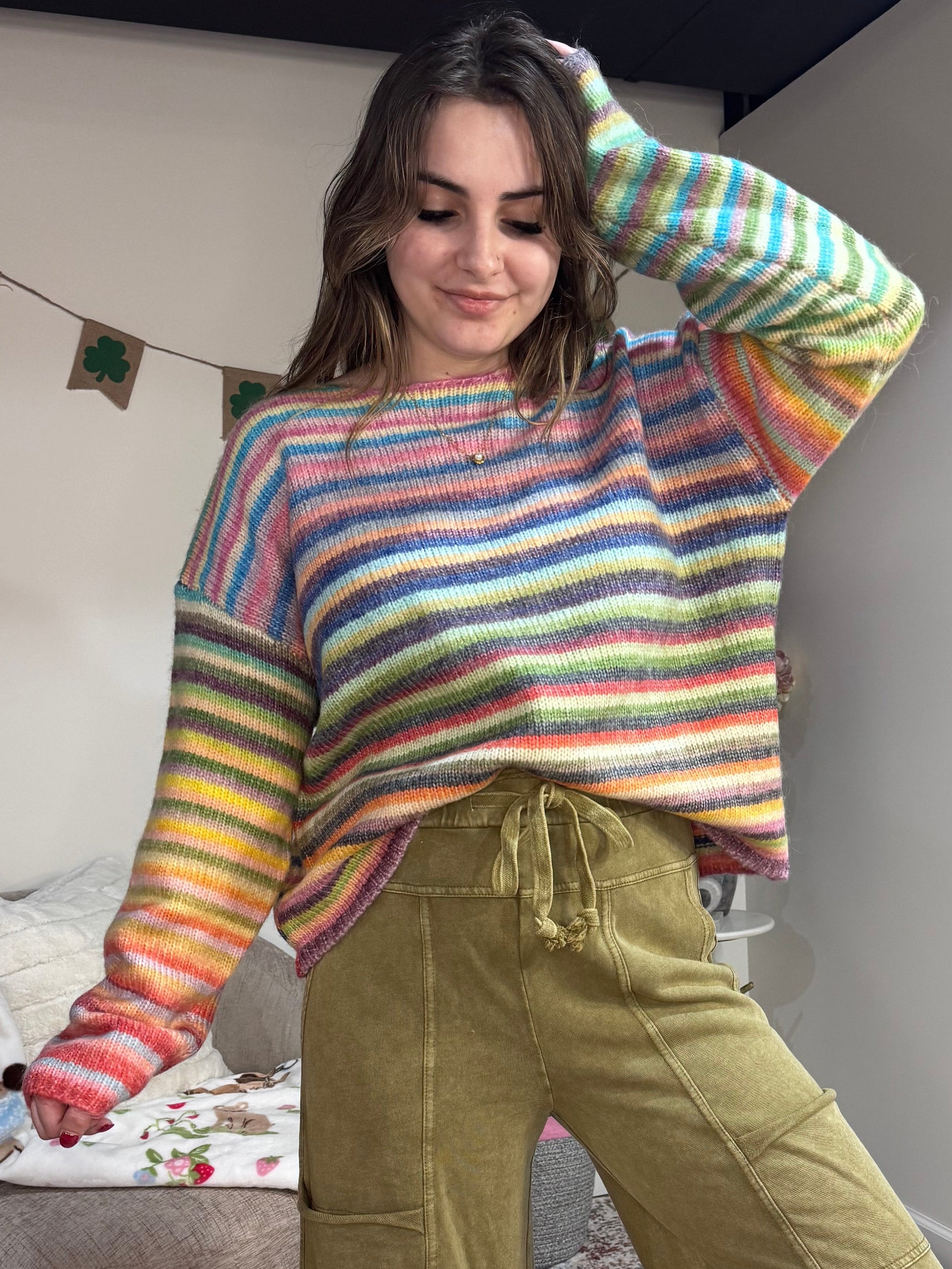 rainbow striped wishlist crew sweater