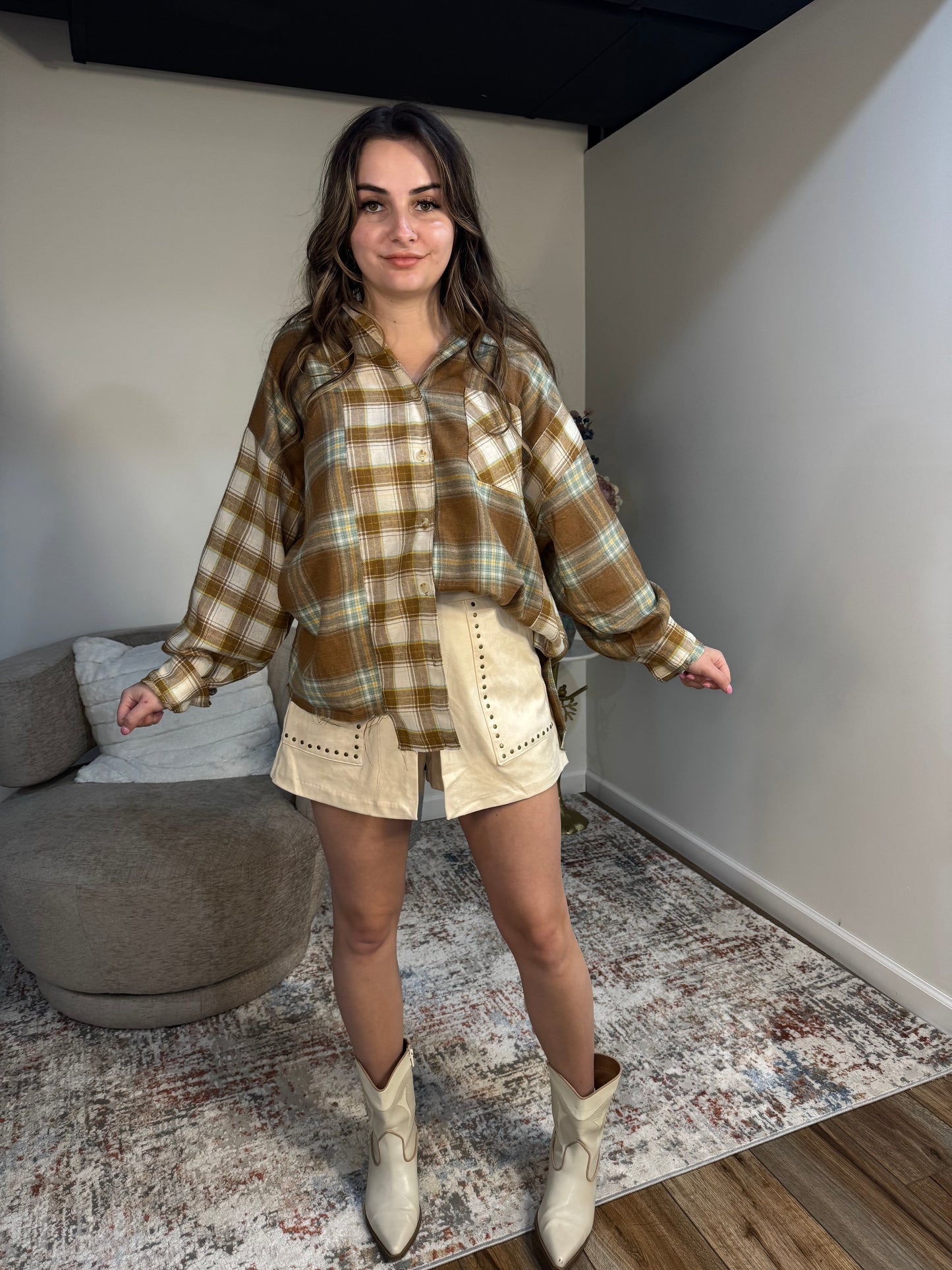 sage brown patchwork flannel shirt 