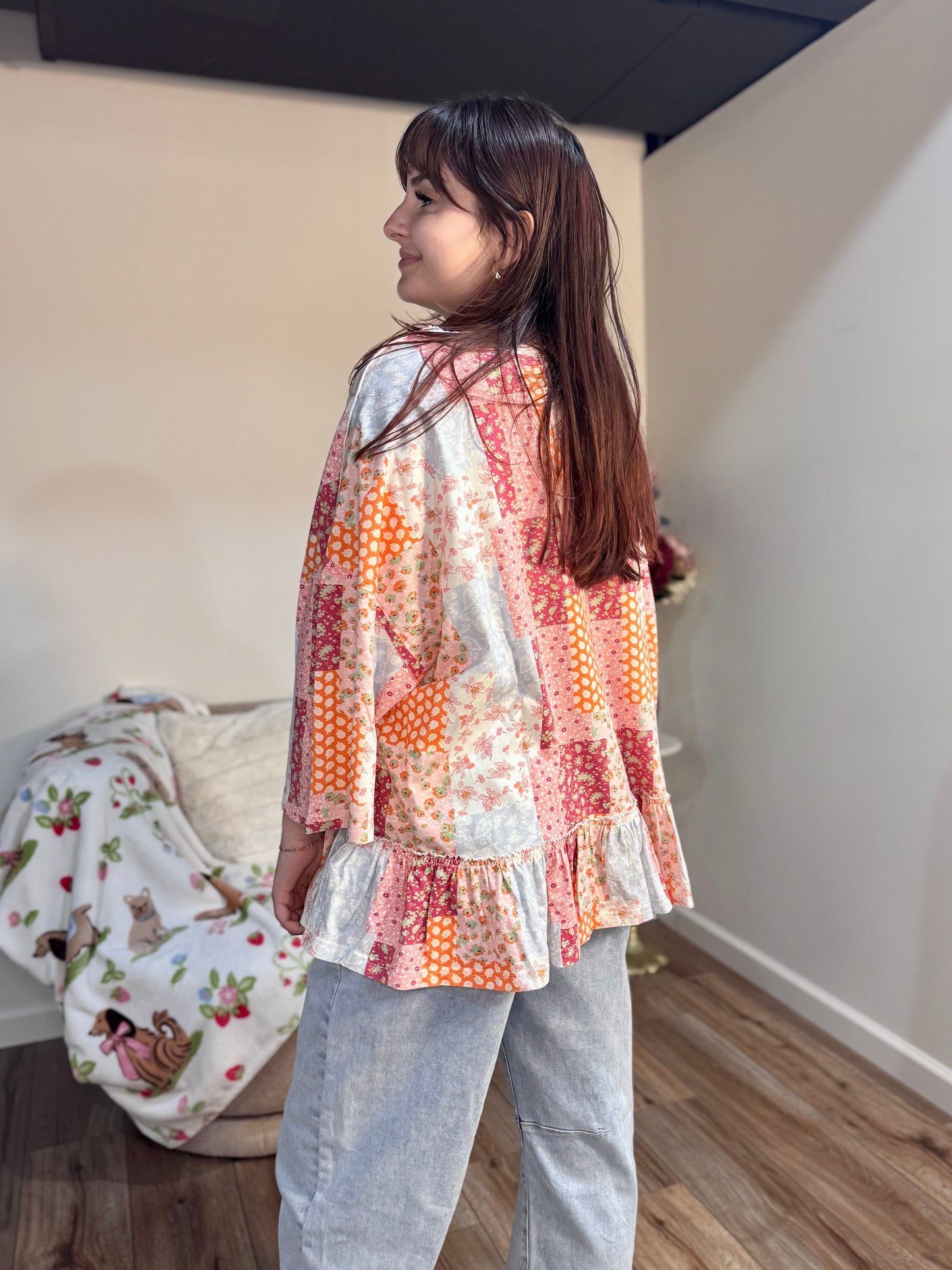 patchwork pattern easel cotton peplum top