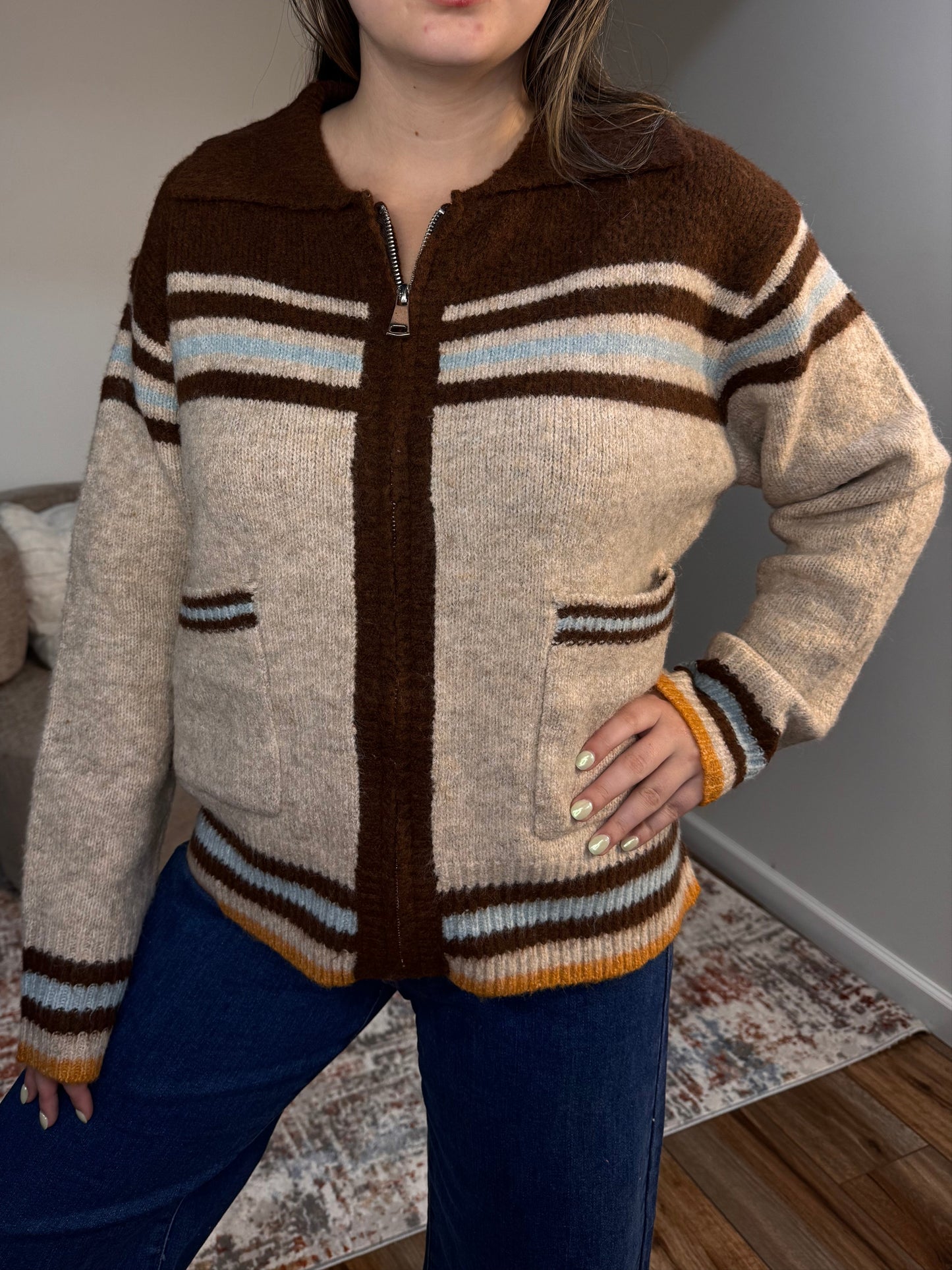 western graphic zipped cardigan chocolate fall fashion stripes
