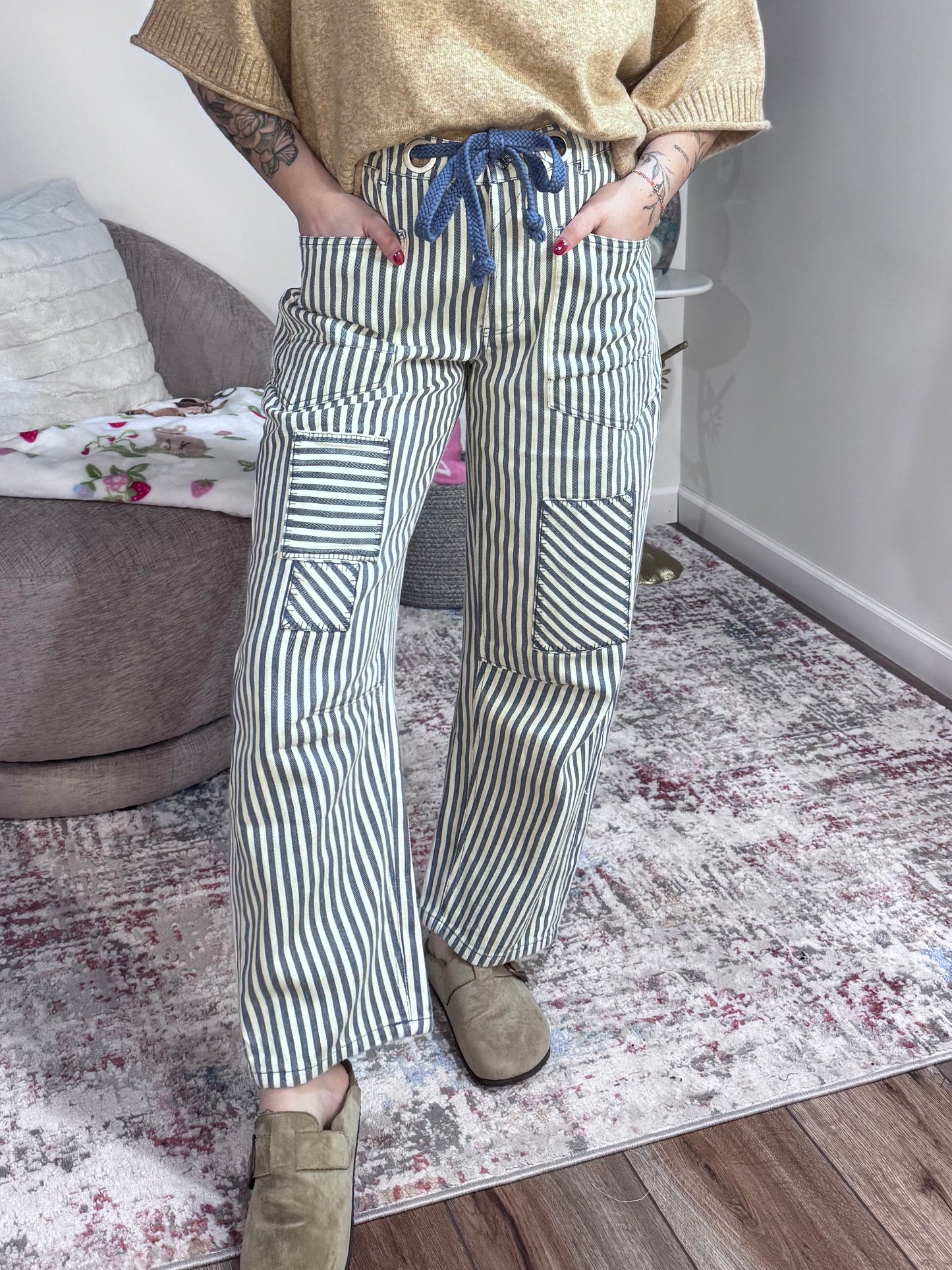 striped twill barrel leg utility pants navy and cream BiBi