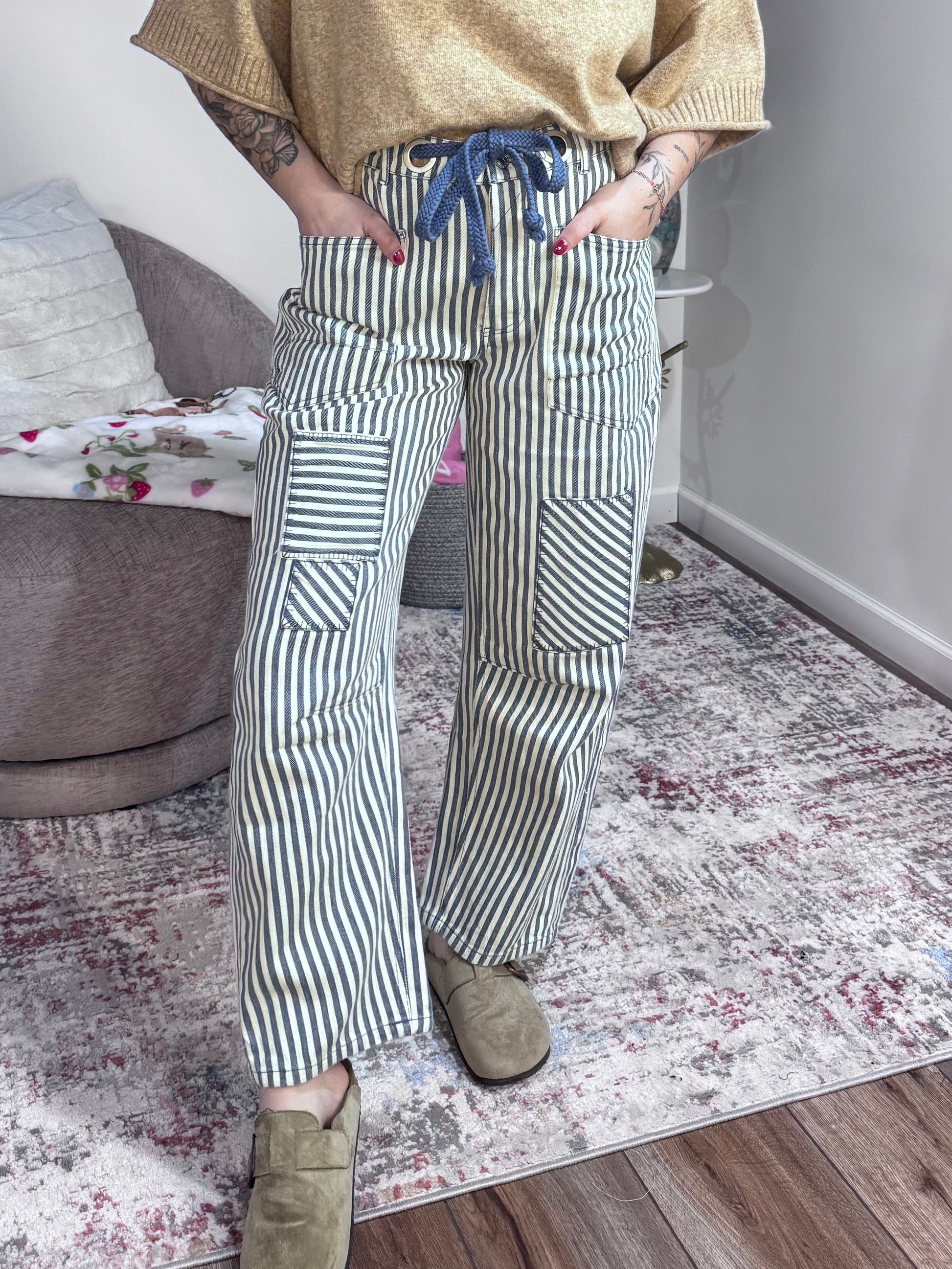 striped twill barrel leg utility pants navy and cream BiBi
